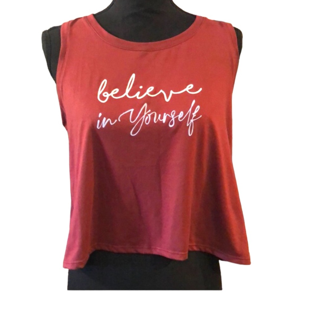 FLEXURE BODYWEAR CROP TOP BELIEVE IN YOURSELF PRINTED GRAPHIC MAROON SIZE LARGE